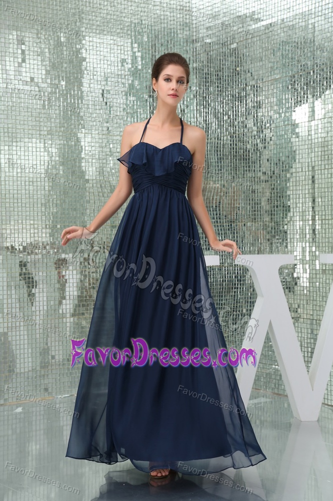 Column Halter Top Ruched Prom Long Dress for Ladies in Navy Blue Chiffon