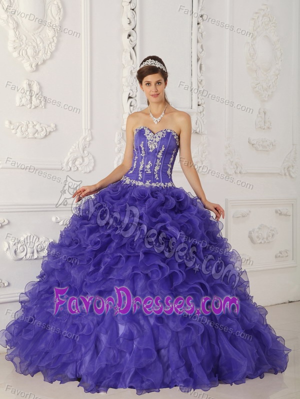 Purple Sweetheart Satin and Organza Quinceanera Dress with Appliques and Ruffles