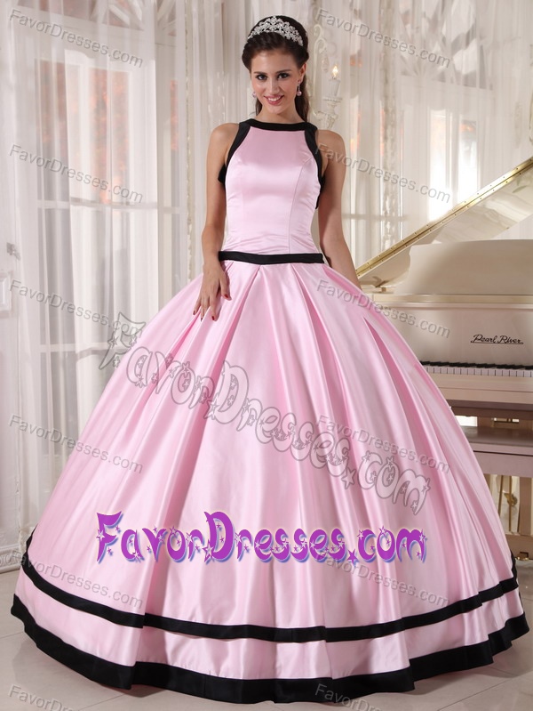 Wholesale Baby Pink and Black Bateau Quinceaneras Dress in Taffeta