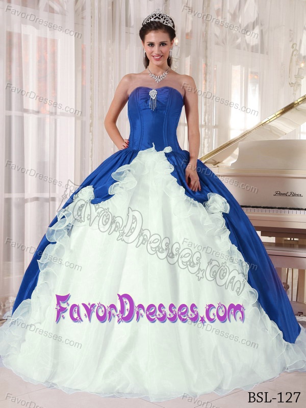 Blue and White Quinceanera Gown with Beading in Organza and Taffeta
