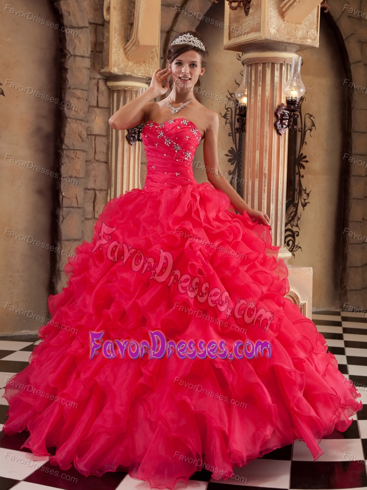 Beaded Coral Red Sweet 16 Dresses with Ruffles in Organza