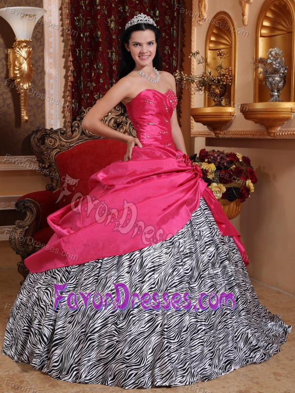 Beaded Hot Pink Sweet 16 Dresses in Taffeta and Zebra with Sweetheart