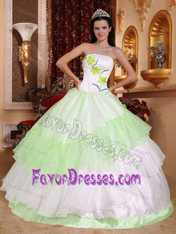 Light Green and White Strapless Embroidery Dress for Quince in Organza