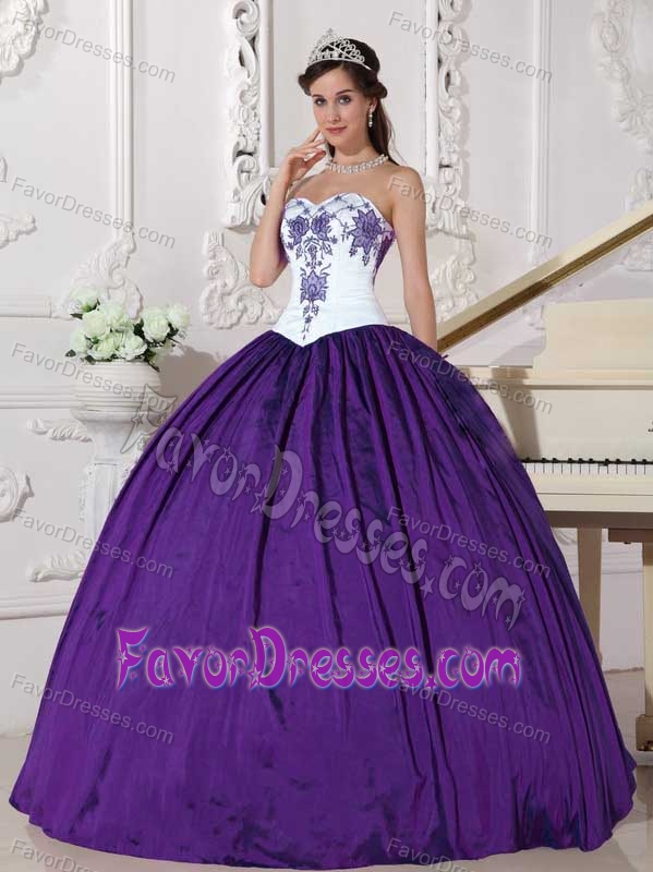 White and Eggplant Purple Embroidery Quinceanera Gown with Sweetheart