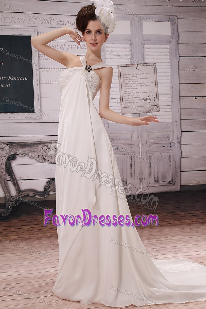 Asymmetrical Shoulder Chiffon Wedding Dress with Beading on Sale