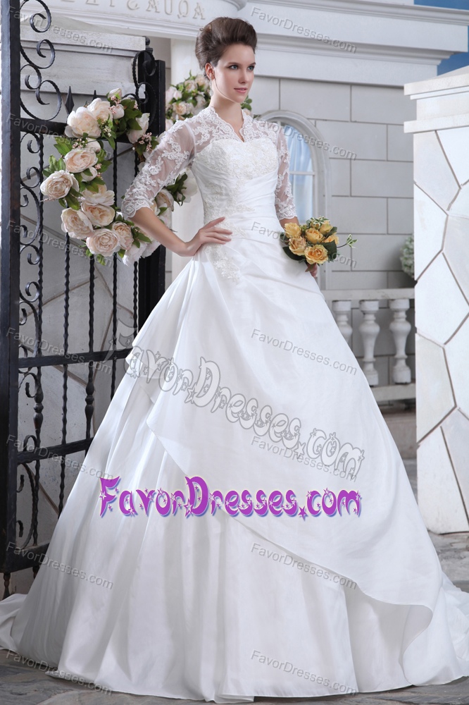 New V-neck 3/4 Sleeves Ball Gown Taffeta Ruched Dress for Wedding