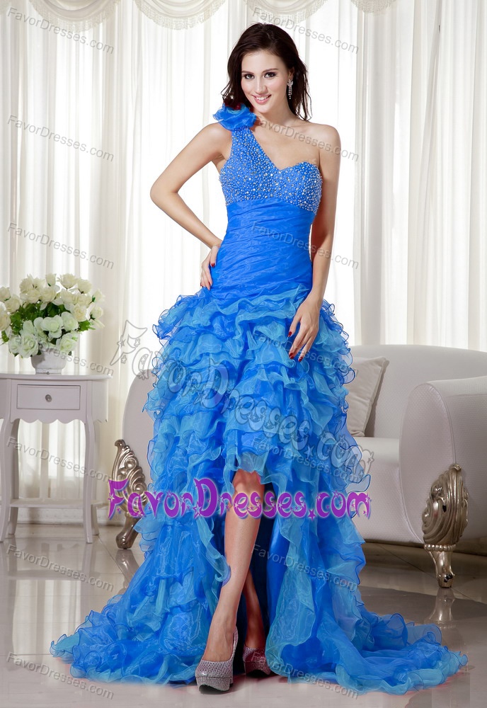 Aqua Blue Beaded Single Shoulder Organza Prom Dresses with Ruffles