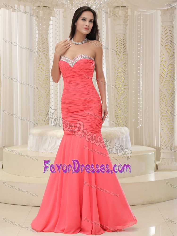 Mermaid Sweetheart Coral Red Prom Formal Dresses with Ruching in Chiffon