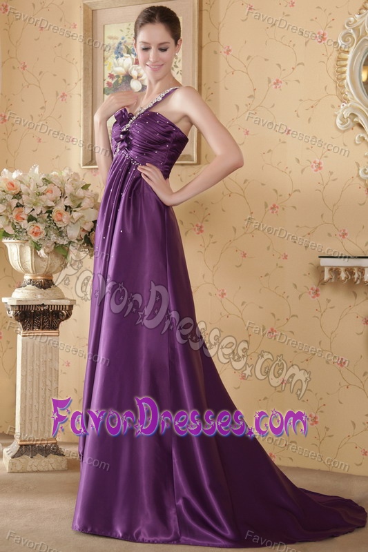 Eggplant Purple One Shoulder Prom Dress with Ruching in Elastic Woven Satin