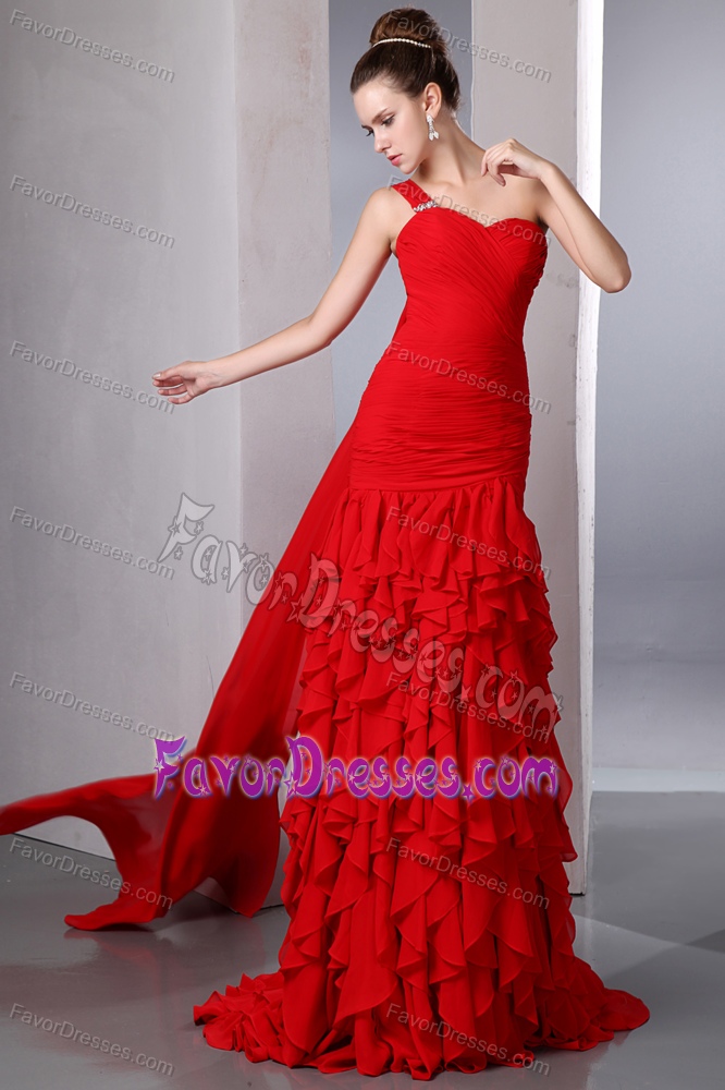 Bright Red One Shoulder Watteau Train Prom Dresses with Ruffles in Chiffon