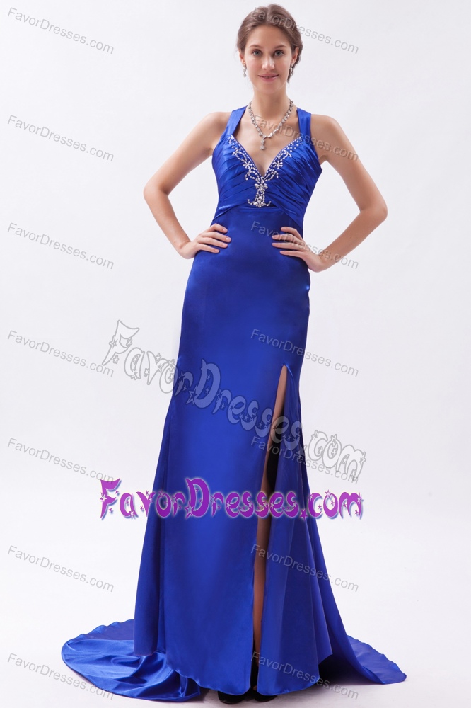 Brand New Royal Blue Sheath High Slit Prom Dress with Embroidery in Satin