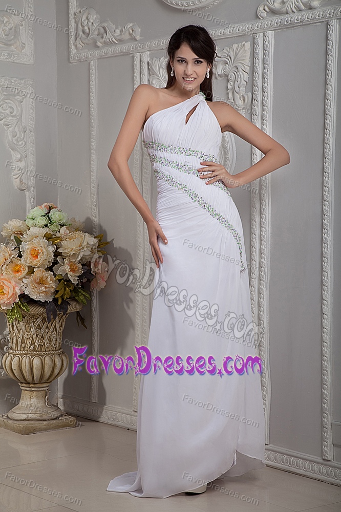 Informal White One Shoulder Beaded Prom Pageant Dress with Brush Train