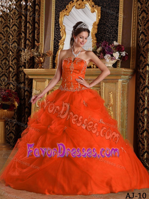 Stylish Orange Strapless Tulle Lace-up Quinceanera Dresses with Pick-ups
