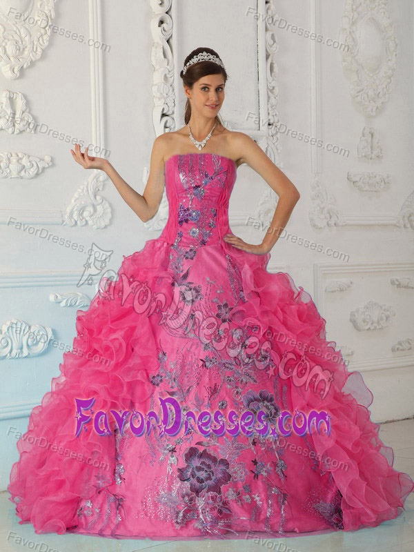 Tasty Strapless Embroidery Quinceanera Gown to Long in Hot Pink