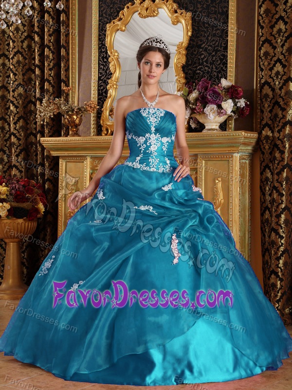 Teal Strapless Urbane Quince Dresses in Organza and Satin with Appliques