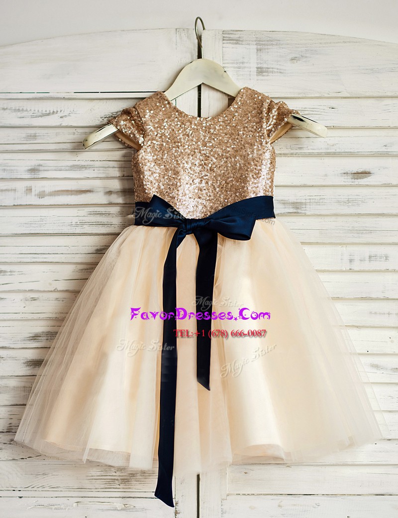  Scoop Champagne Sleeveless Sashes ribbons and Sequins Mini Length Flower Girl Dresses