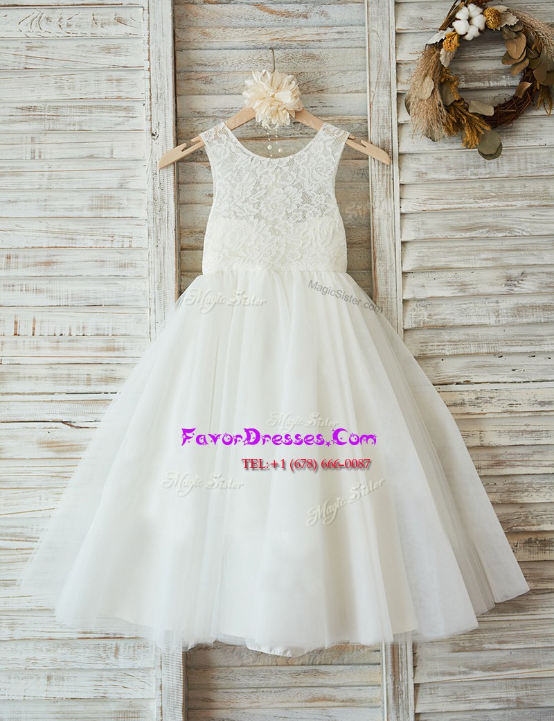 Perfect Scoop White Sleeveless Floor Length Lace Zipper Flower Girl Dresses