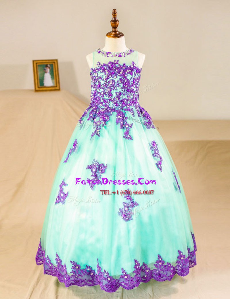 Low Price Tulle Scoop Sleeveless Zipper Beading and Lace and Appliques Flower Girl Dresses for Less in Turquoise