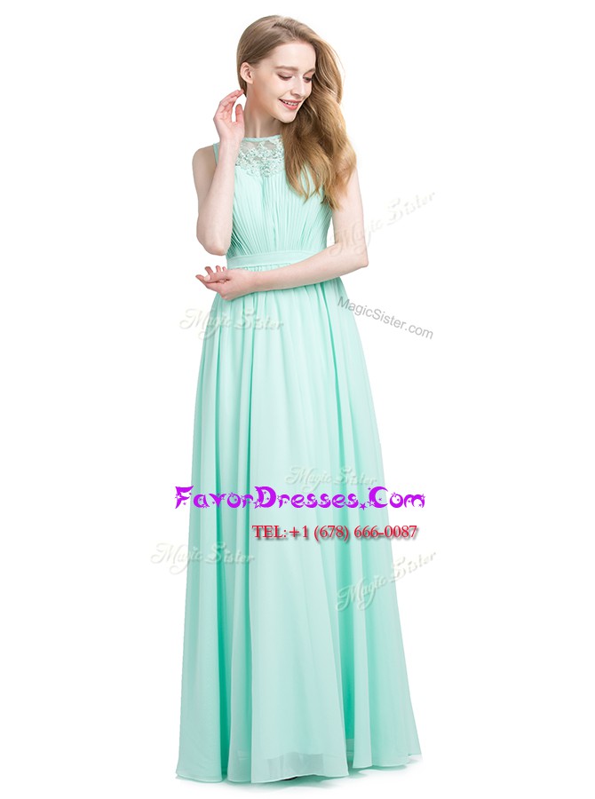  Sleeveless Chiffon Floor Length Zipper Prom Gown in Turquoise with Appliques