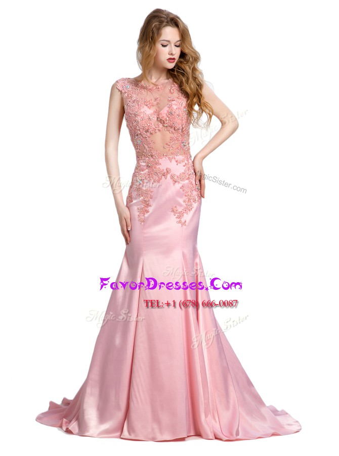 Graceful Mermaid Scoop Baby Pink Sleeveless Brush Train Beading With Train Prom Party Dress