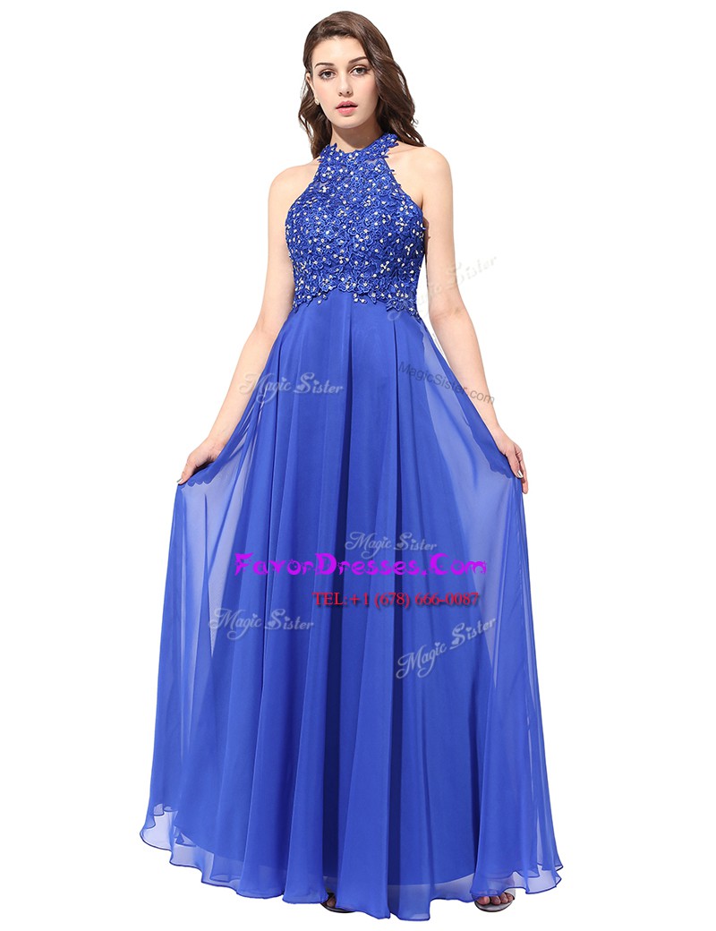  Halter Top Blue Sleeveless Chiffon Backless Prom Party Dress for Prom and Party