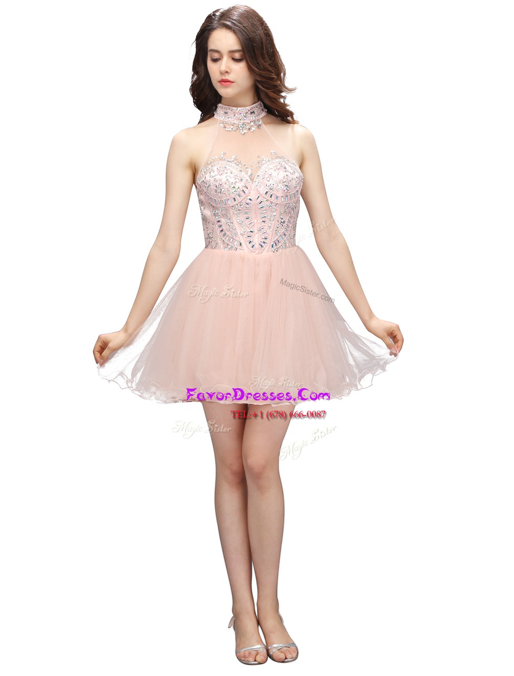  Baby Pink A-line High-neck Sleeveless Organza Mini Length Zipper Beading Evening Dress
