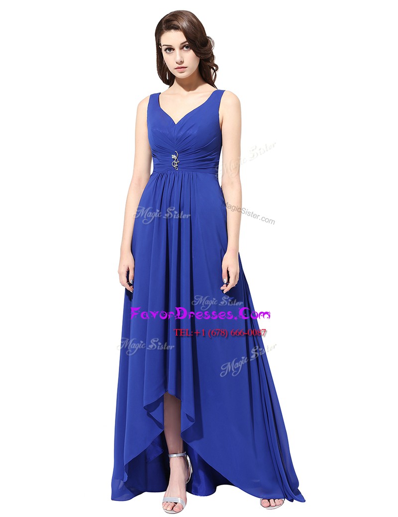  V-neck Sleeveless Prom Dress With Brush Train Ruching Royal Blue Chiffon