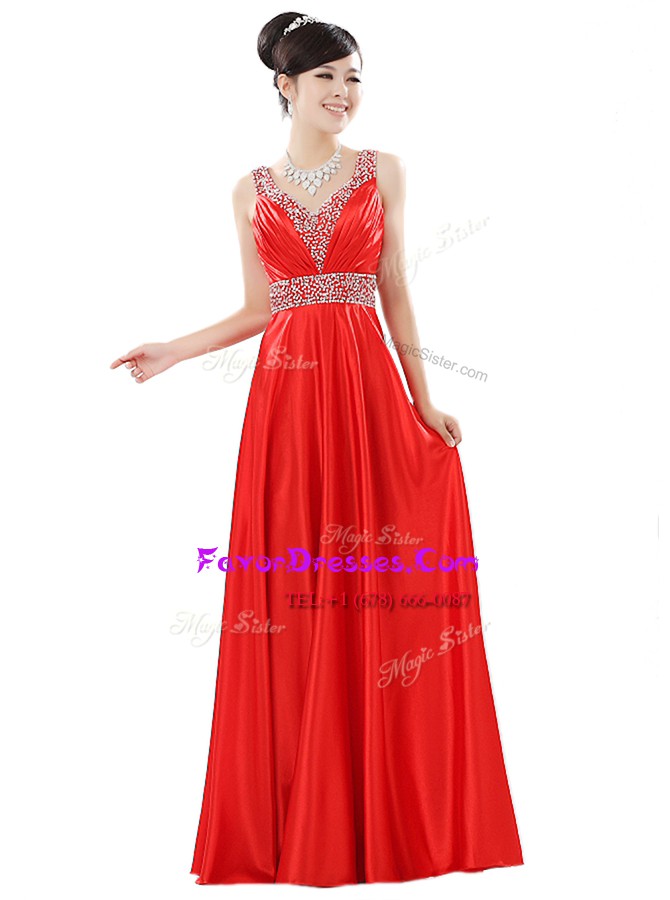  Red Column/Sheath Chiffon V-neck Sleeveless Beading Floor Length Zipper Dress for Prom