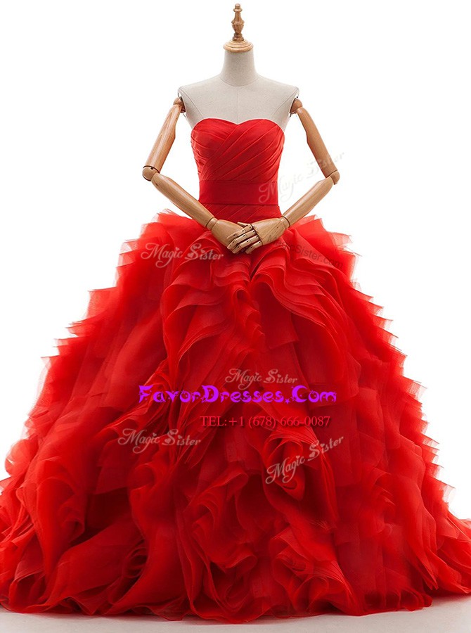 Fitting Sweetheart Sleeveless Wedding Gowns Brush Train Ruffles and Ruching Red Tulle