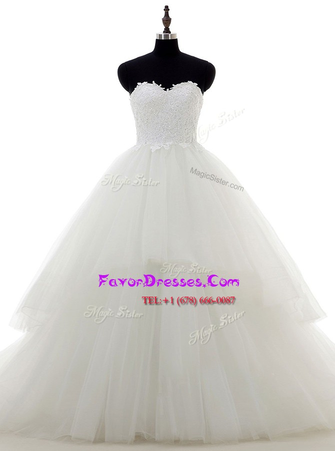  Sweetheart Sleeveless Bridal Gown Sweep Train Lace and Appliques White Lace