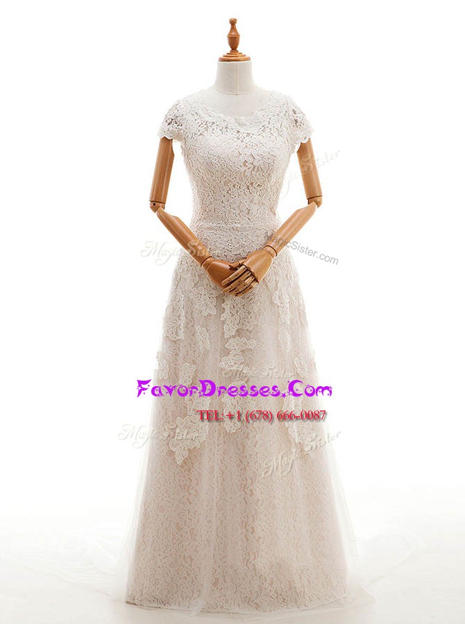Free and Easy Champagne Scoop Neckline Appliques Wedding Dress Cap Sleeves Clasp Handle