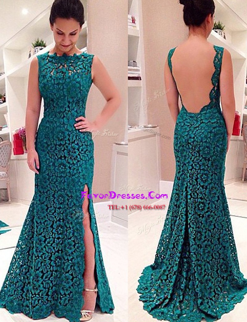Beautiful Mermaid Teal Dress for Prom Prom and Party and For with Lace Scalloped Sleeveless Backless