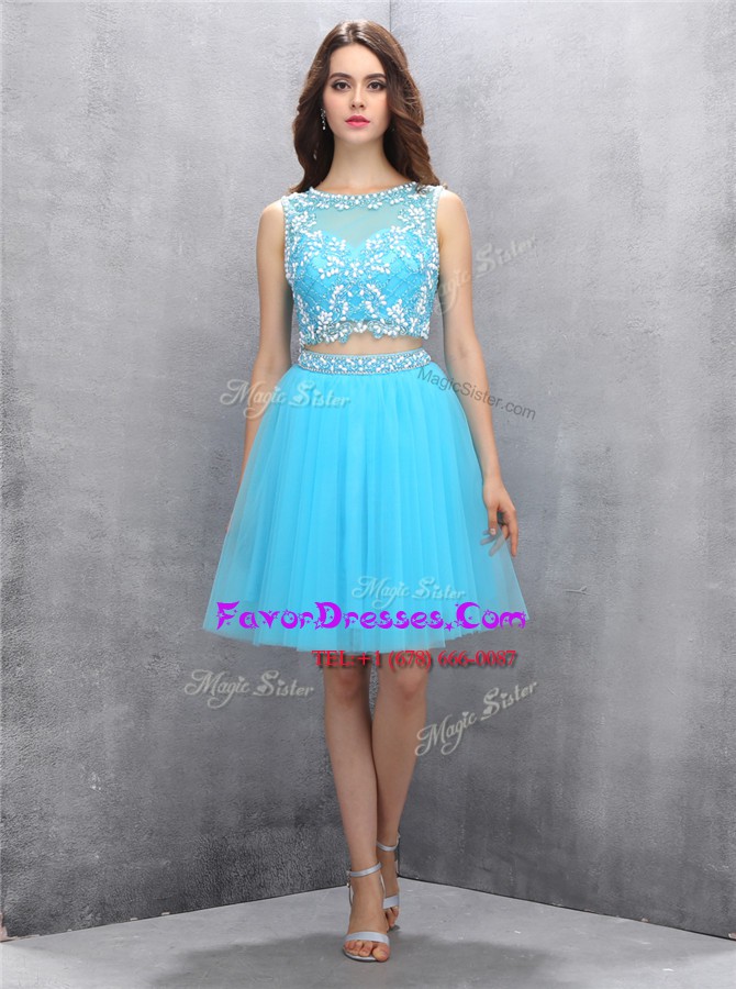 Noble Blue A-line Scoop Sleeveless Organza Knee Length Backless Beading Prom Dresses