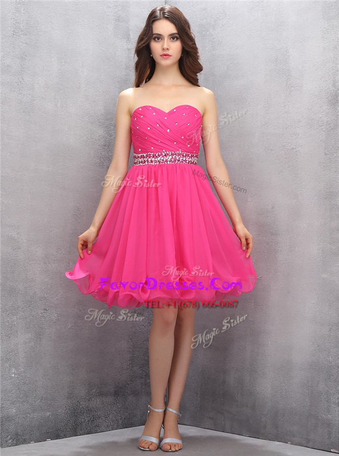 Free and Easy Beading Homecoming Dress Hot Pink Zipper Sleeveless Knee Length