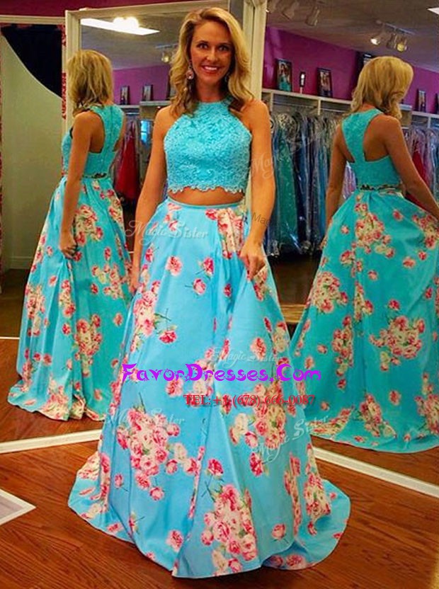  Blue Halter Top Zipper Beading and Appliques and Pattern Prom Dress Sleeveless