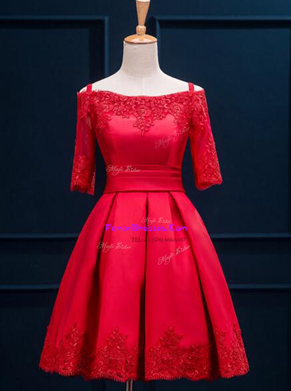  Off the Shoulder Appliques and Pleated Prom Dress Red Lace Up Half Sleeves Mini Length