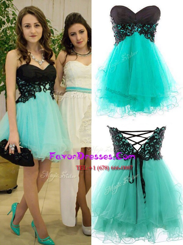  Turquoise Tulle Zipper Sweetheart Sleeveless Mini Length Dress for Prom Appliques