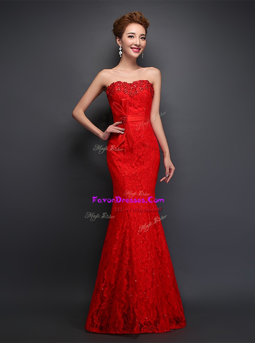 Customized Red Mermaid Sweetheart Sleeveless Lace Floor Length Lace Up Beading and Bowknot Dress for Prom