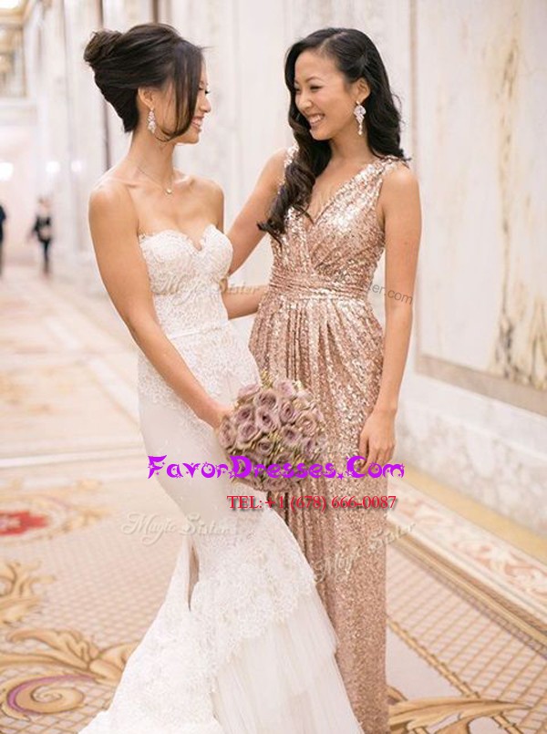  Sequins Floor Length Pink Prom Gown V-neck Sleeveless Zipper