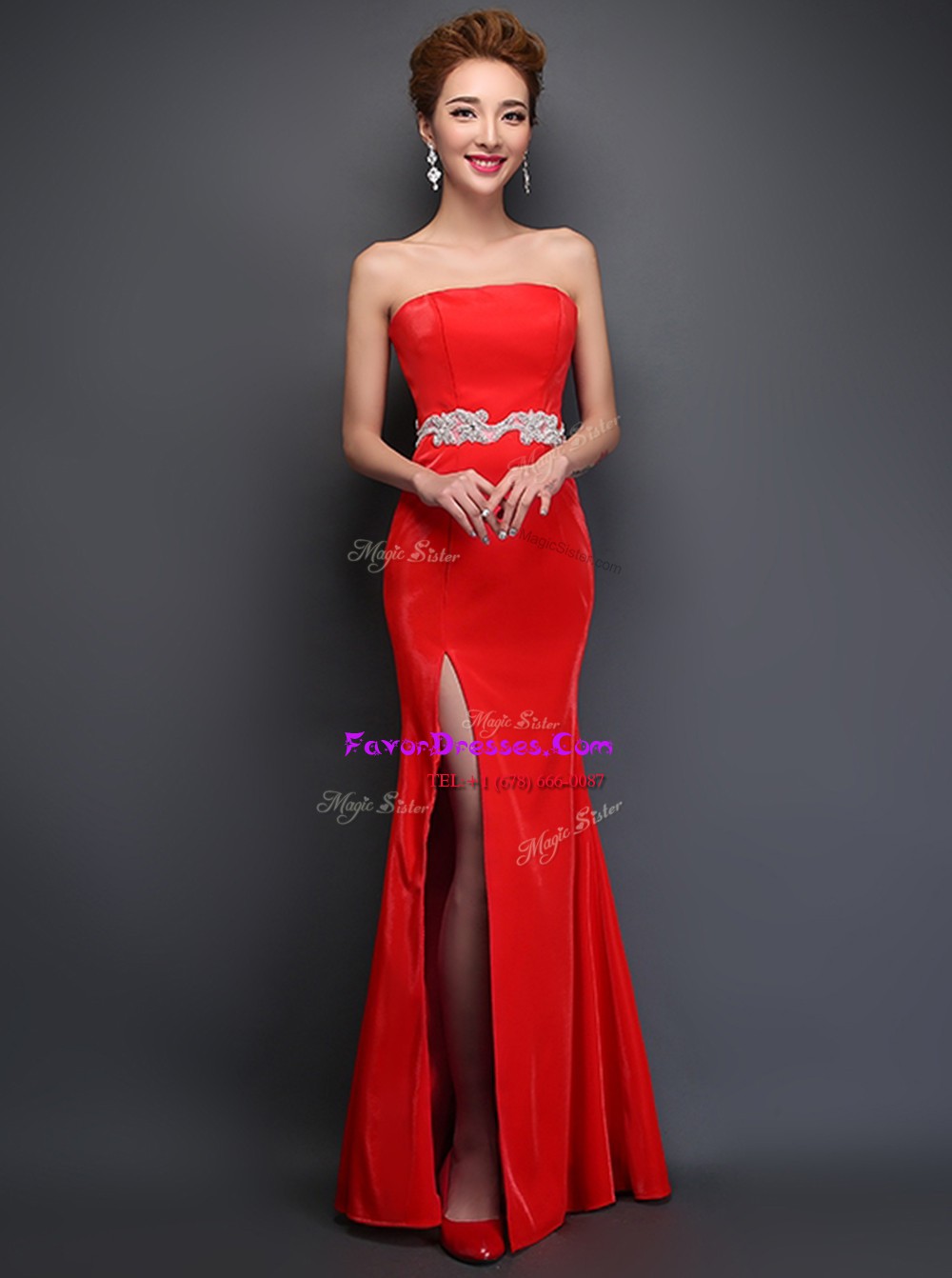 Free and Easy Mermaid Red Sleeveless Floor Length Beading Lace Up Prom Dresses