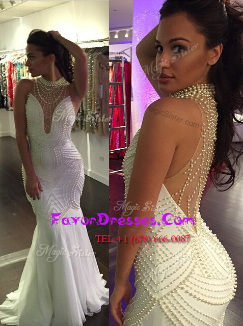 Custom Design White Mermaid Beading Dress for Prom Criss Cross Tulle Sleeveless With Train