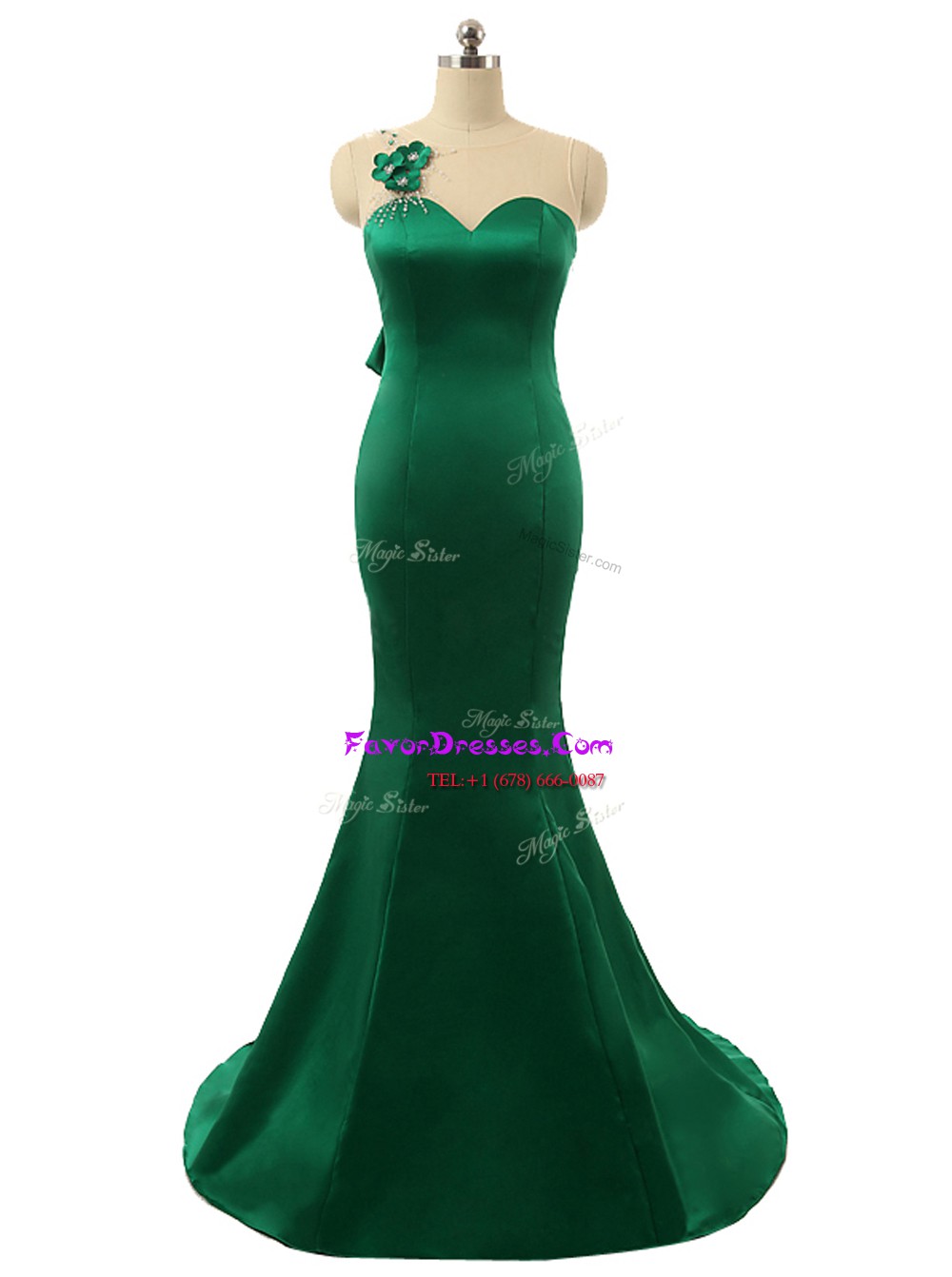 Clearance Mermaid Scoop Green Zipper Dress for Prom Beading and Bowknot and Hand Made Flower Sleeveless Sweep Train