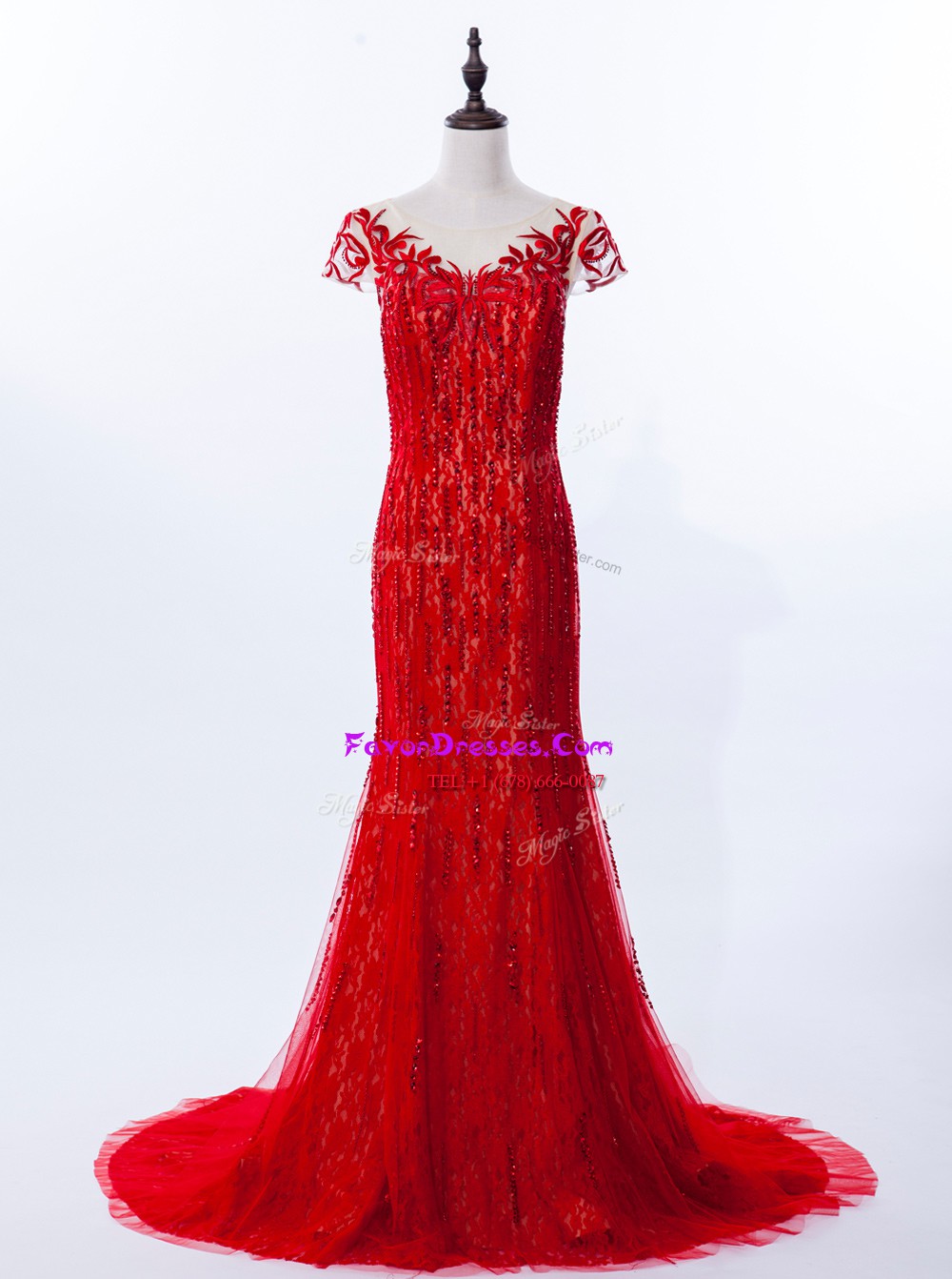 Beautiful Mermaid Lace Red Prom Party Dress Prom and Party and For with Beading and Appliques Scoop Cap Sleeves Brush Train Zipper
