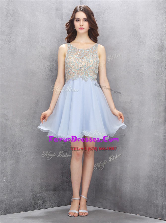  Scoop Sleeveless Chiffon Mini Length Zipper Evening Dress in Light Blue with Beading and Sequins