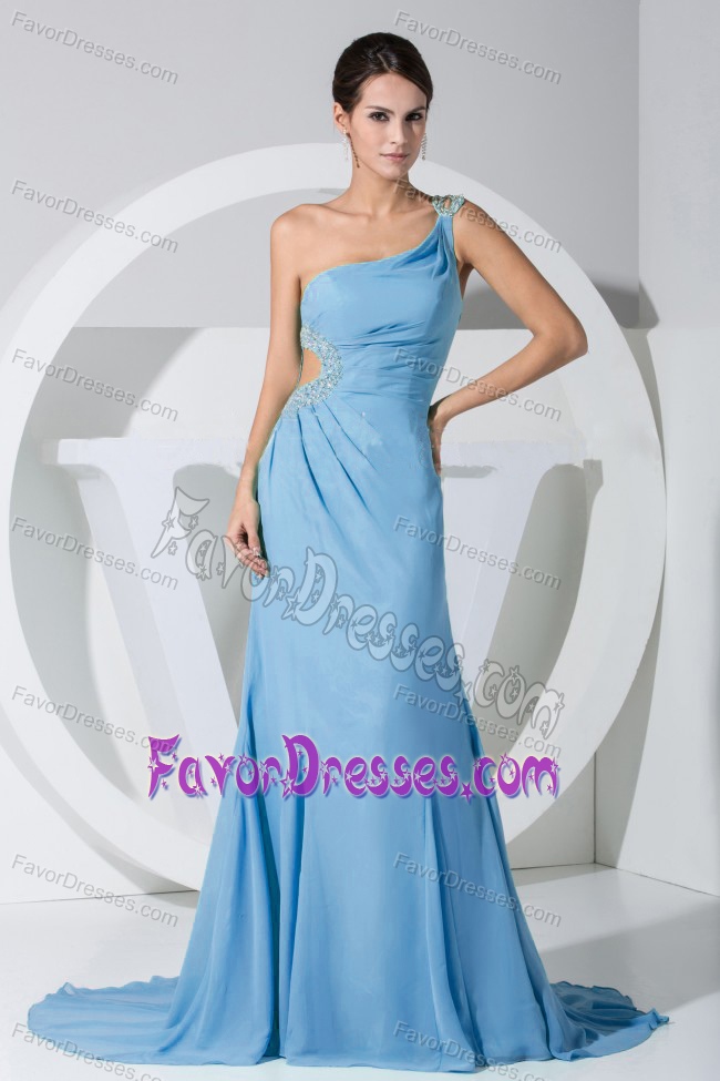 Discount Chiffon One Shoulder Prom Court Dress in Aqua Blue