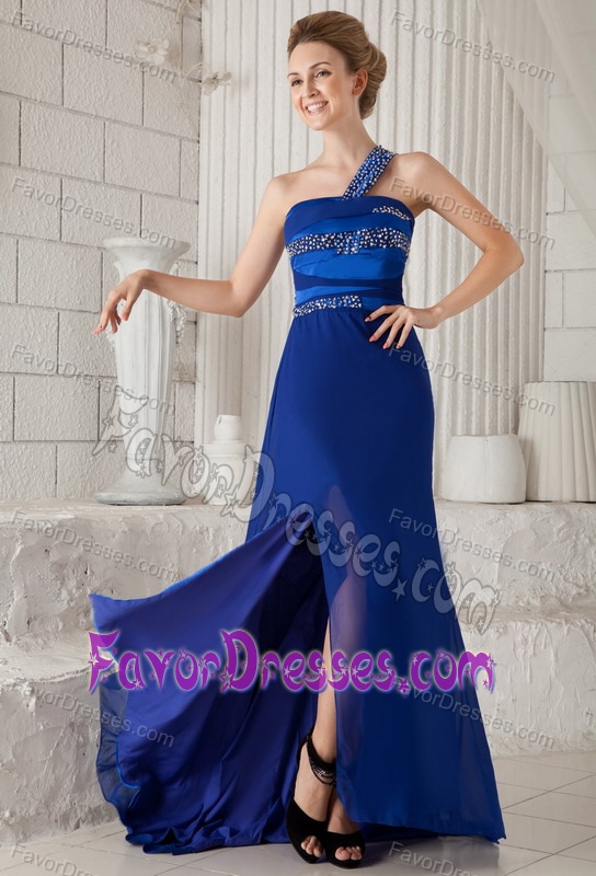 Blue Column One Shoulder Chiffon and Taffeta Prom Dress with Beading
