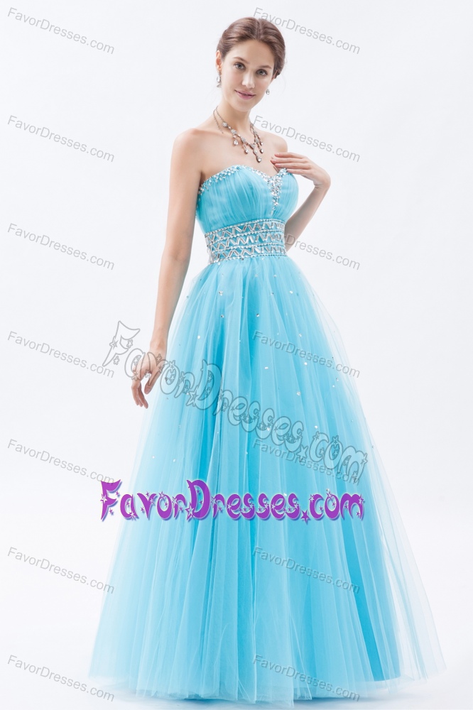 Baby Blue Sweetheart Tulle Long Prom Dress with Beading