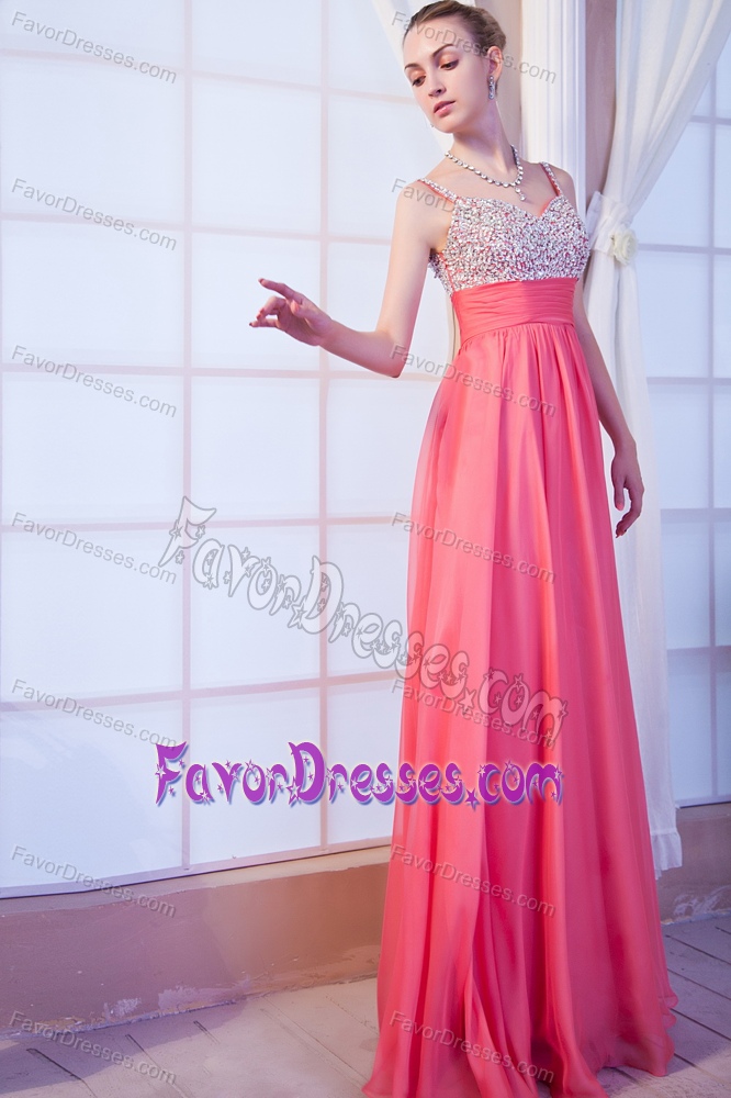 Empire Straps Chiffon Prom Dress with Beading in Hot Pink for 2013