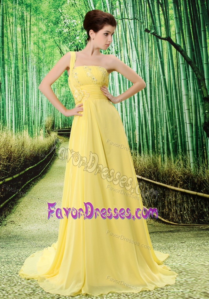 Great Yellow One Shoulder Beaded Prom Dress with Appliques in Formal Prom