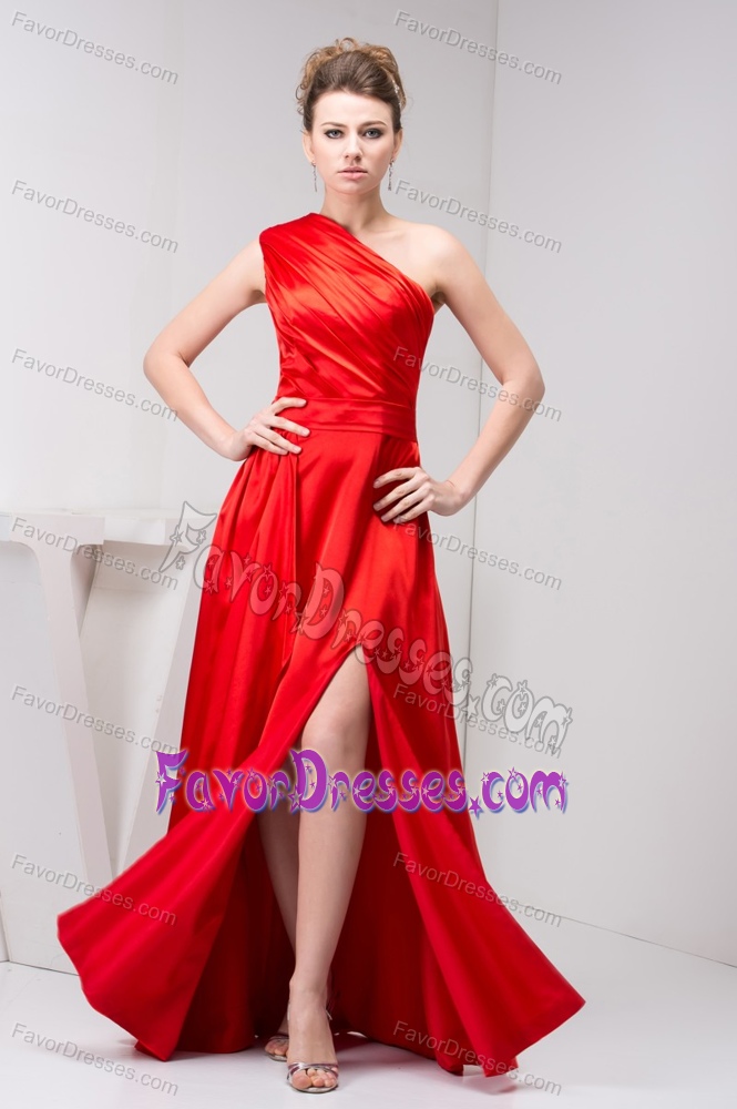 low Price Ruched Prom Dress One Shoulder Slitted Long in Red